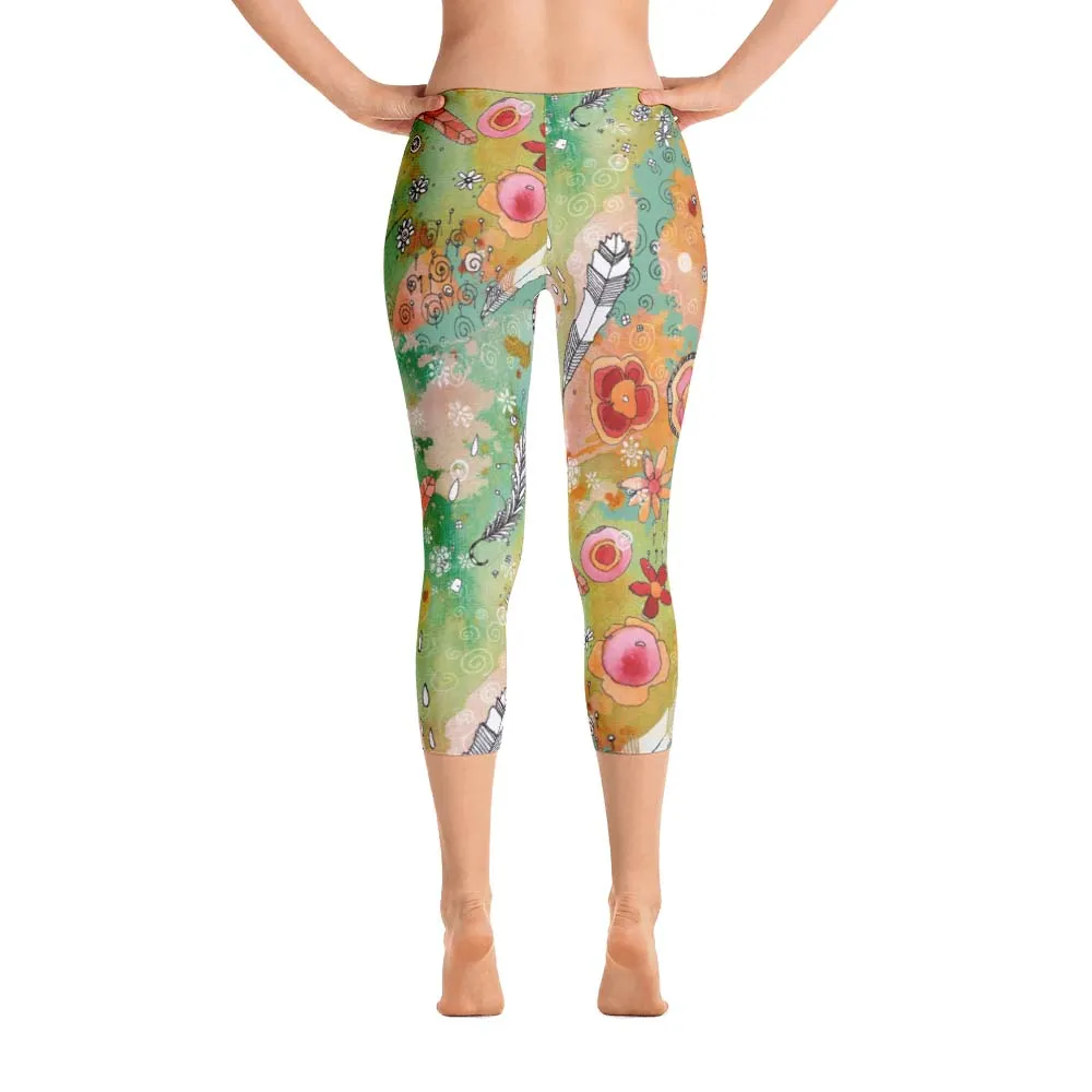 Abstract Capri leggings, Workout Pants 'Feathers, Flowers, Showers'