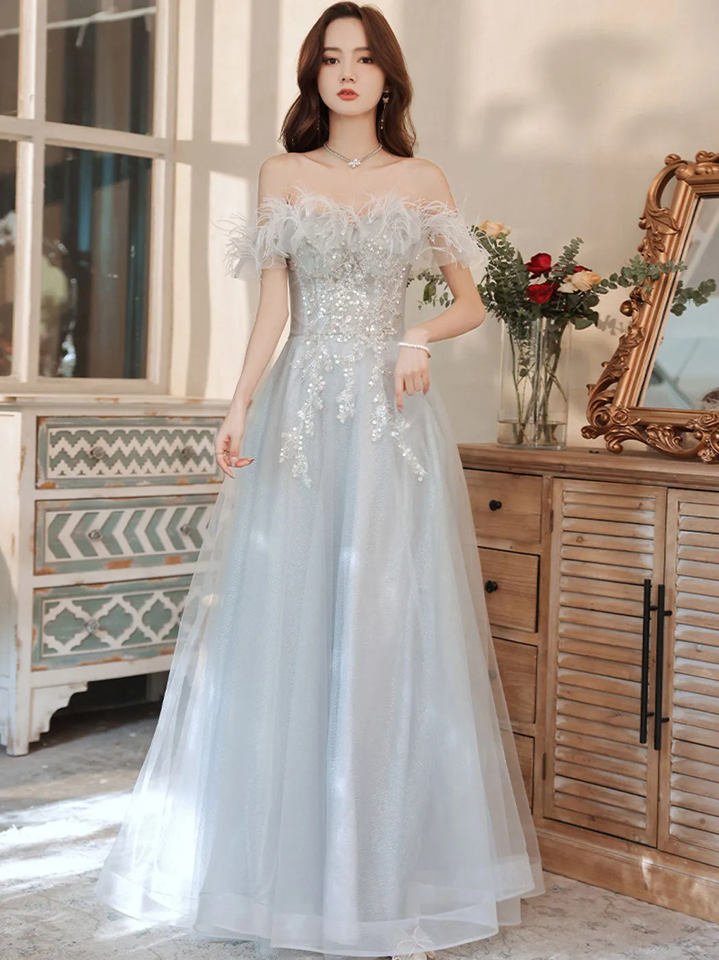Aline Gray Long Prom Dresses, Gray Formal Graduation with Sequin Beading