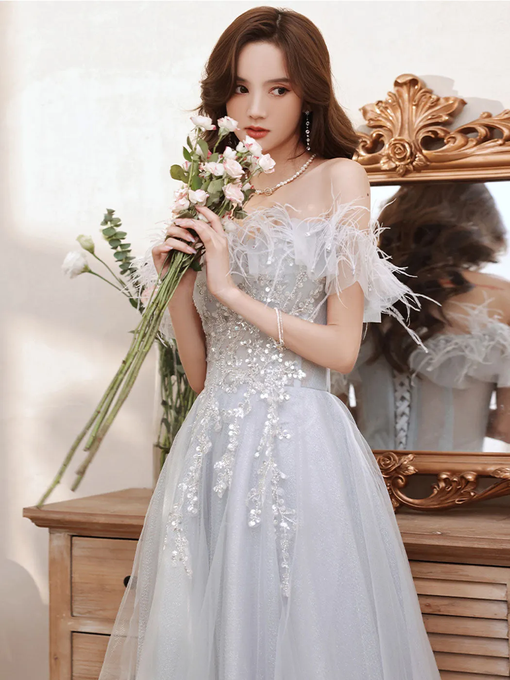 Aline Gray Long Prom Dresses, Gray Formal Graduation with Sequin Beading