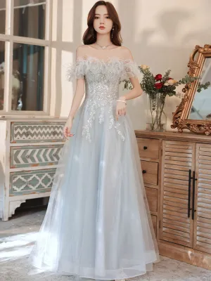Aline Gray Long Prom Dresses, Gray Formal Graduation with Sequin Beading