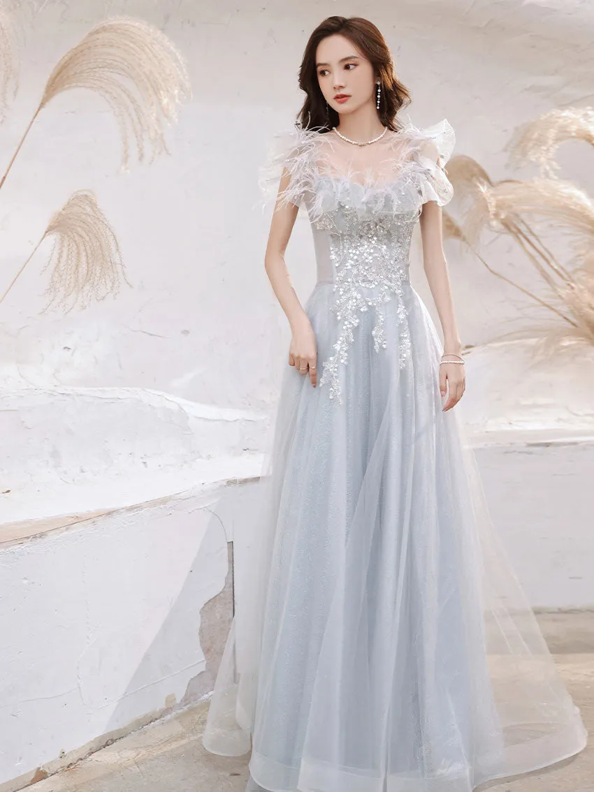 Aline Gray Long Prom Dresses, Gray Formal Graduation with Sequin Beading