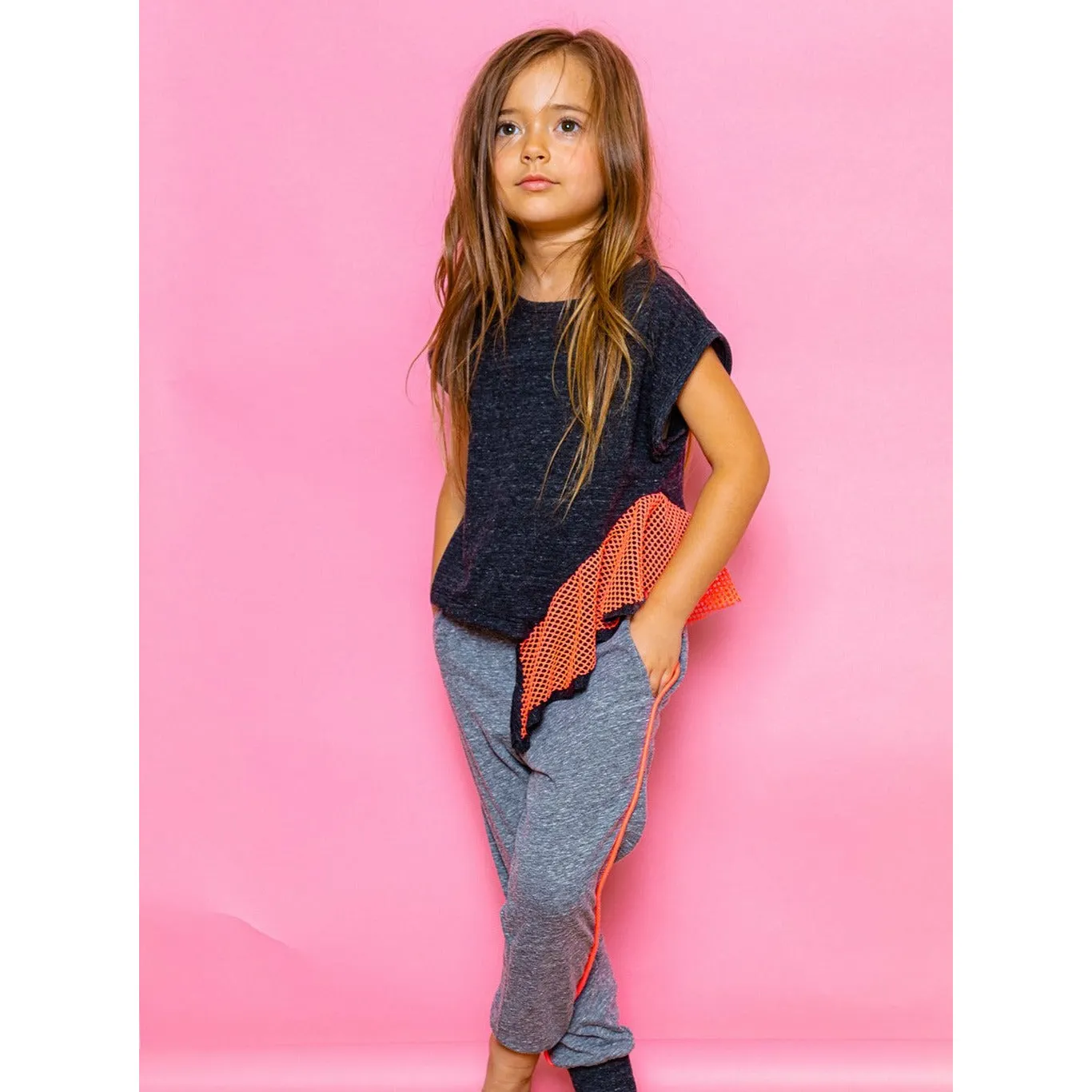 Basia-Neon top | Charcoal w/coral netting