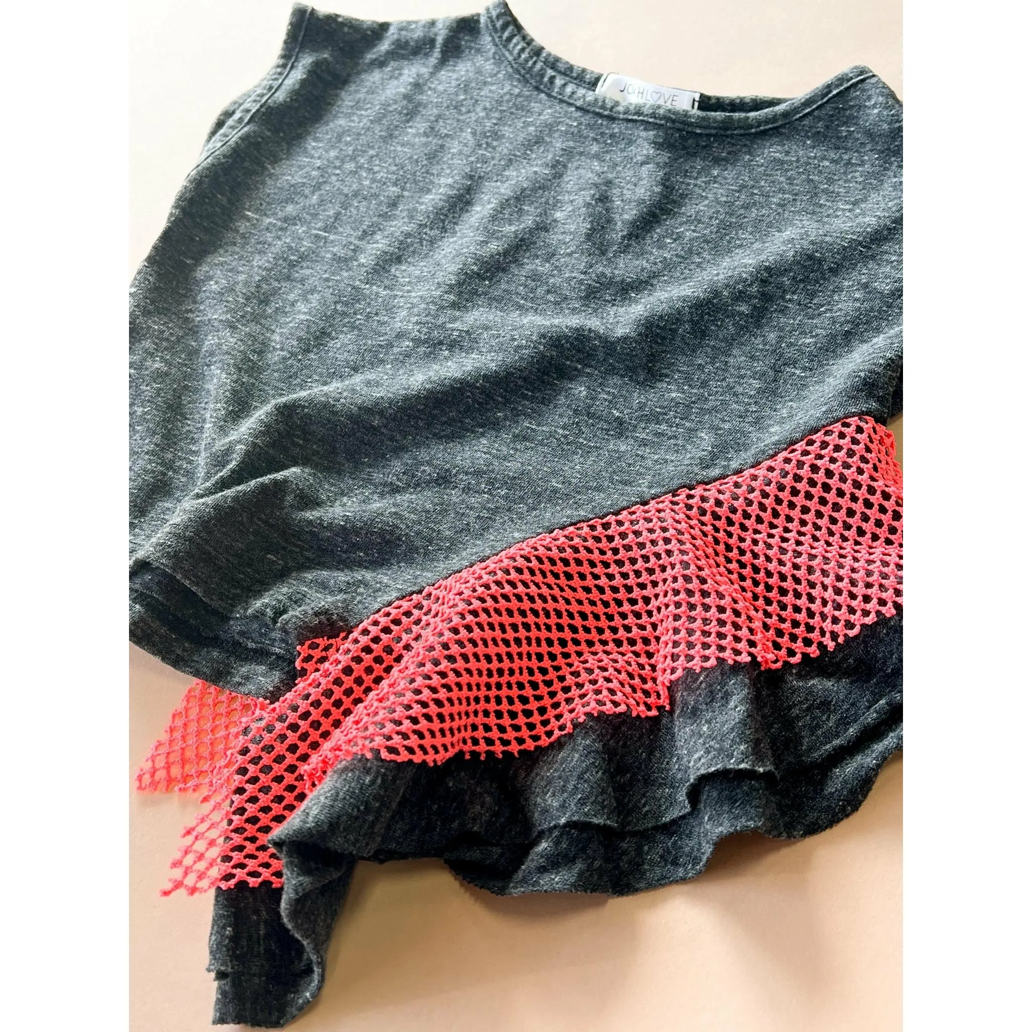 Basia-Neon top | Charcoal w/coral netting