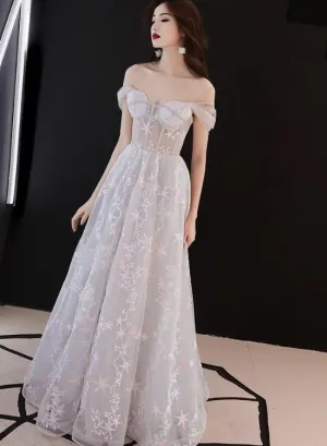 Beautiful Grey Off Shoulder Sweetheart Long Party Dress Prom Dress, Grey Evening Dress 2022