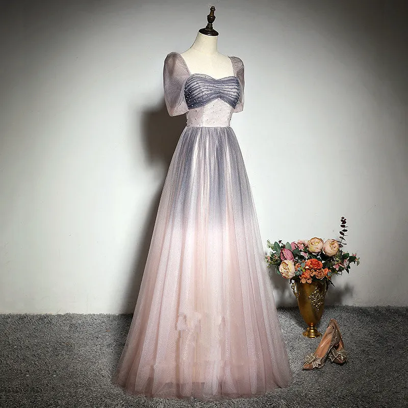Beautiful Pink Gradient Beaded Sweetheart Long Prom Dress, Tulle Evening Dresses