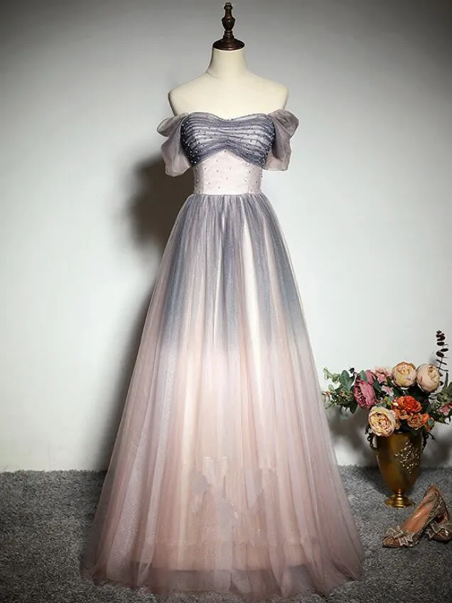 Beautiful Pink Gradient Beaded Sweetheart Long Prom Dress, Tulle Evening Dresses