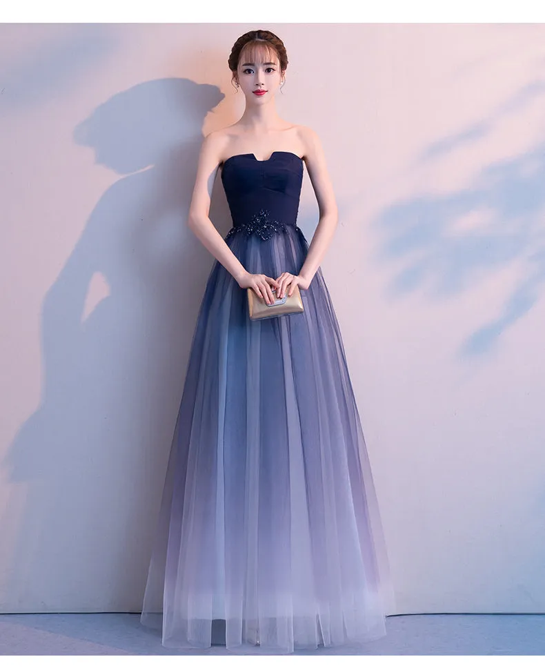 Blue Tulle Gradient Long Evening Dress Party Dress, A-line Tulle Bridesmaid Dresses