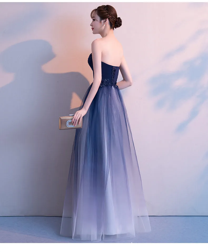 Blue Tulle Gradient Long Evening Dress Party Dress, A-line Tulle Bridesmaid Dresses