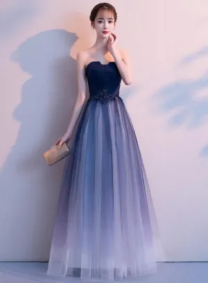 Blue Tulle Gradient Long Evening Dress Party Dress, A-line Tulle Bridesmaid Dresses