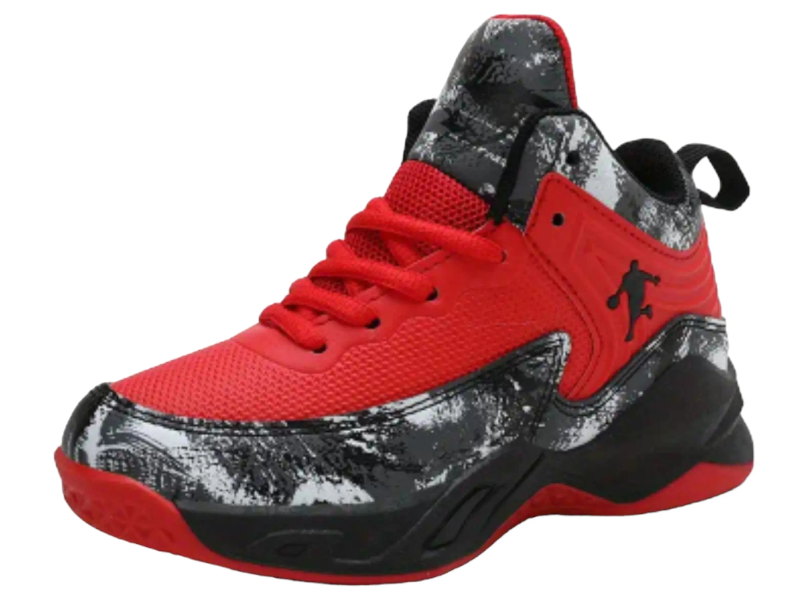 Boys Trendy Red and Black Camouflage Breathable High Top Lace-up Basketball Shoes, Children's  Outdoor Non-slip Shock Absorption Platform Training Shoes