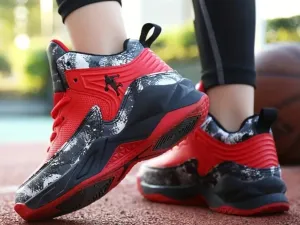 Boys Trendy Red and Black Camouflage Breathable High Top Lace-up Basketball Shoes, Children's  Outdoor Non-slip Shock Absorption Platform Training Shoes