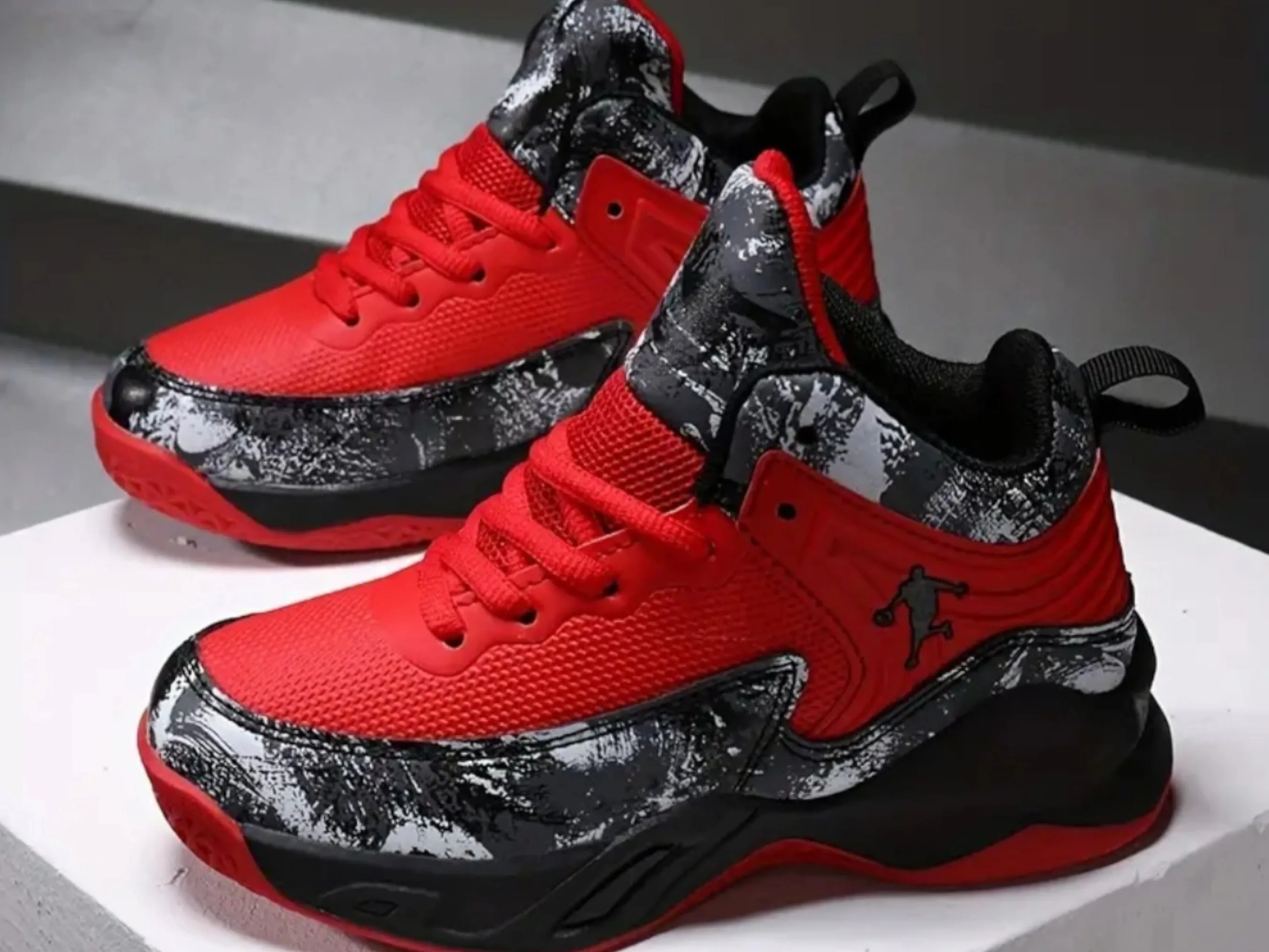 Boys Trendy Red and Black Camouflage Breathable High Top Lace-up Basketball Shoes, Children's  Outdoor Non-slip Shock Absorption Platform Training Shoes