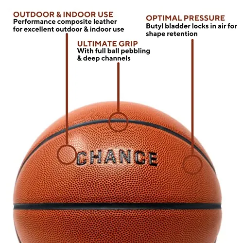 Chance Indoor/Outdoor Basketball - Composite Leather (Sizes: 5 Youth, Size 6 WNBA Womens, Size 7 NCAA Mens, Official NBA Basketball Ball Size) (6 Women's Official - 28.5", Classic)