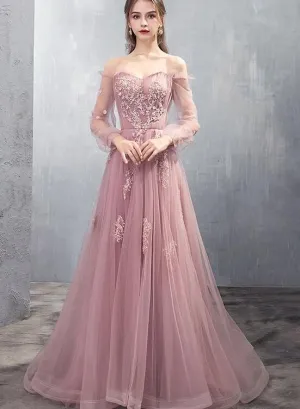Charming Tulle Pink/Champagne Long Sleeves Junior Party Dress, A-line Formal Dress Evening Dress