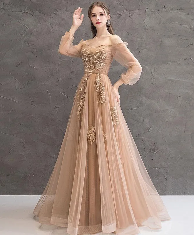 Charming Tulle Pink/Champagne Long Sleeves Junior Party Dress, A-line Formal Dress Evening Dress