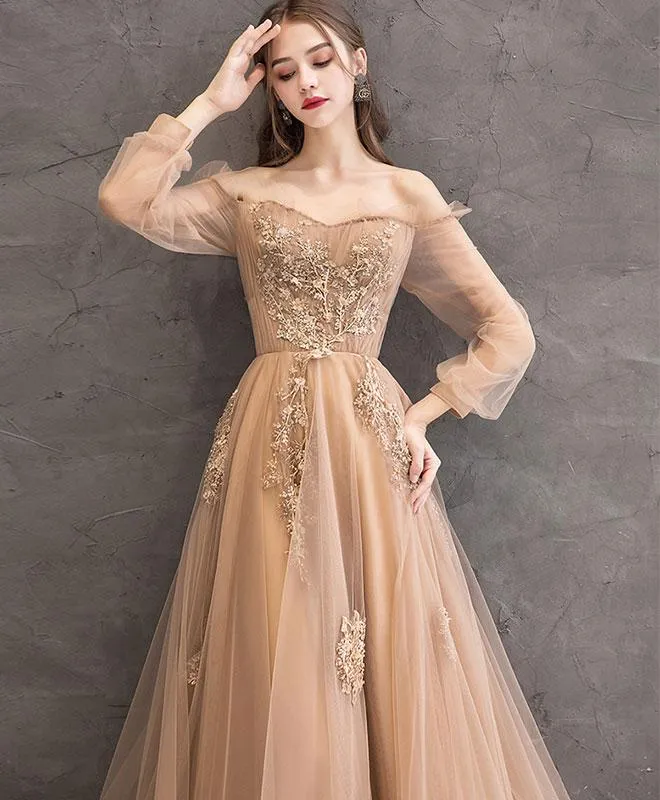 Charming Tulle Pink/Champagne Long Sleeves Junior Party Dress, A-line Formal Dress Evening Dress