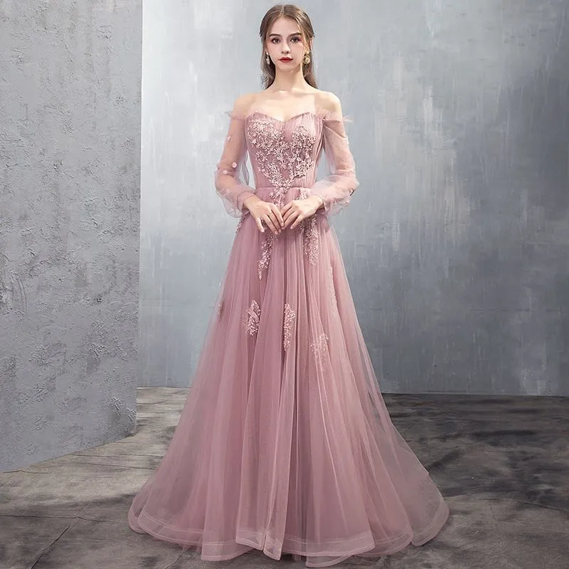 Charming Tulle Pink/Champagne Long Sleeves Junior Party Dress, A-line Formal Dress Evening Dress