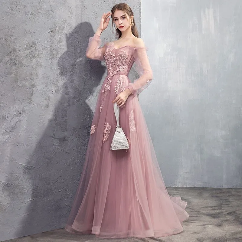 Charming Tulle Pink/Champagne Long Sleeves Junior Party Dress, A-line Formal Dress Evening Dress