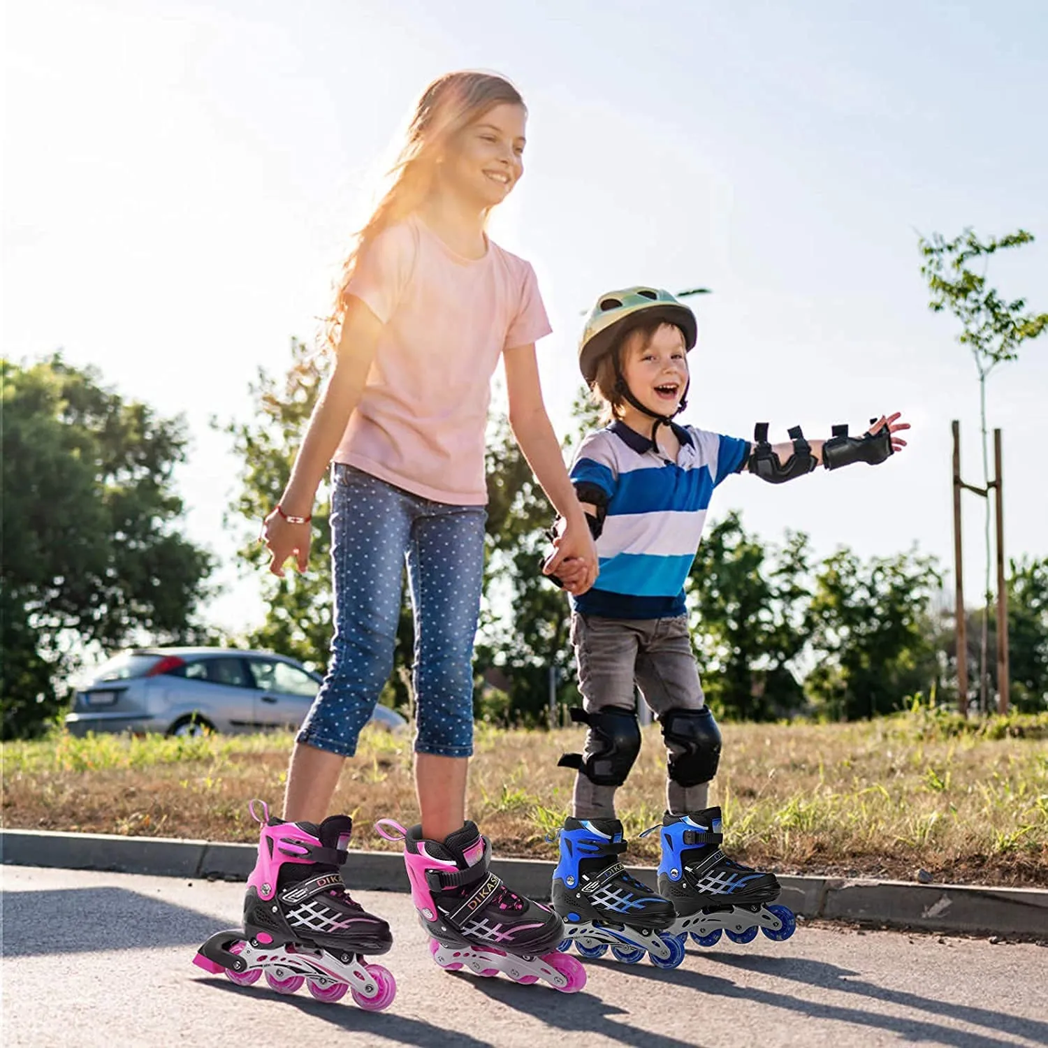 Kids Adjustable Inline Skates with Light Up Wheels Size33-37 Blue
