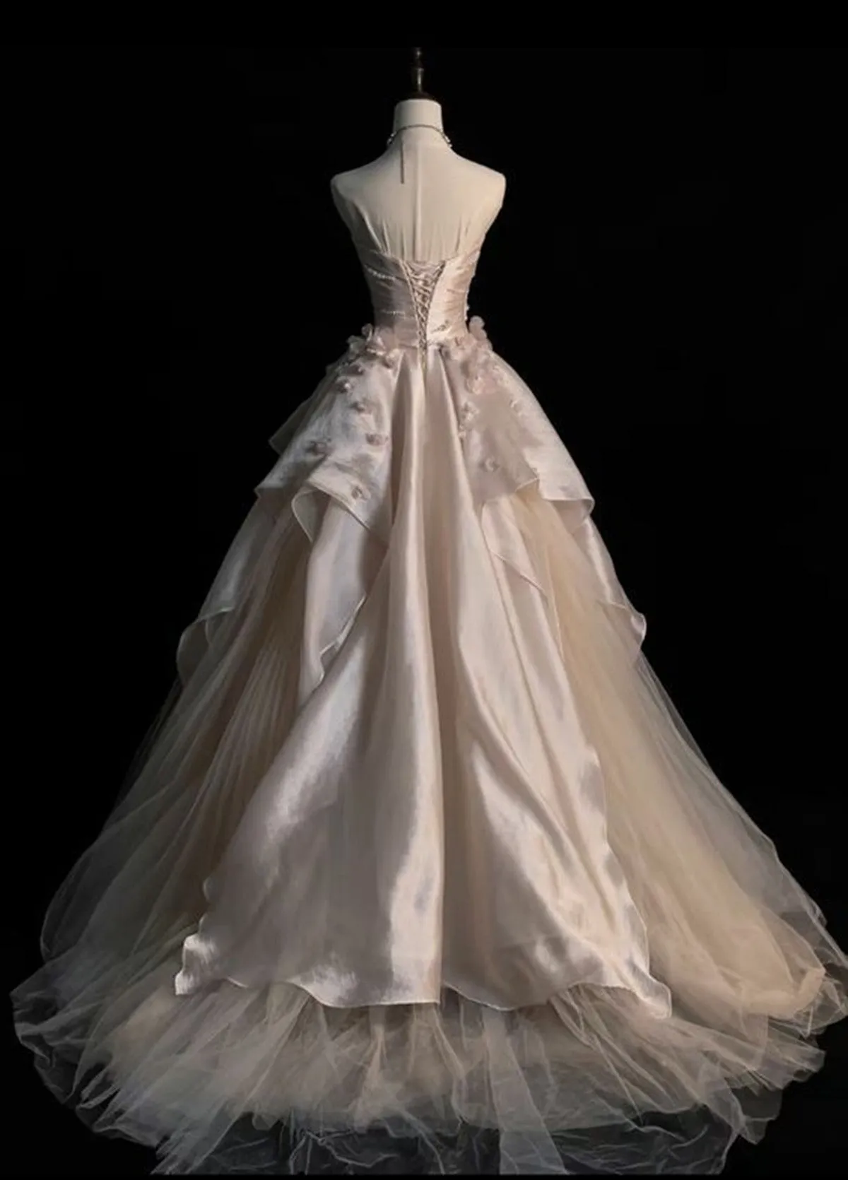 Lovely Pink and Champagne Tulle and Satin Scoop Long Party Dress, Tulle Evening Dress
