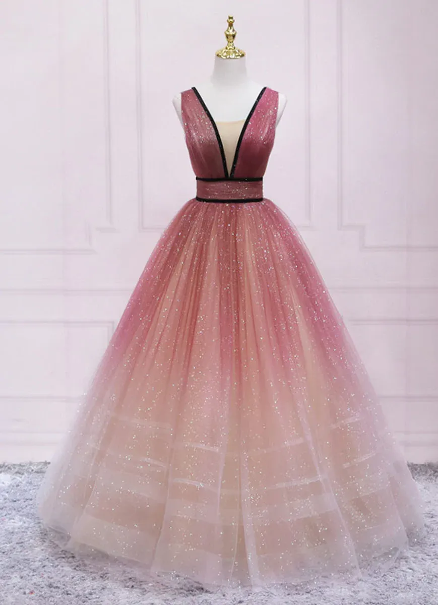 Lovely Tulle Gradient V-neckline Long Party Dress, Layers Tulle Junior Prom Dress