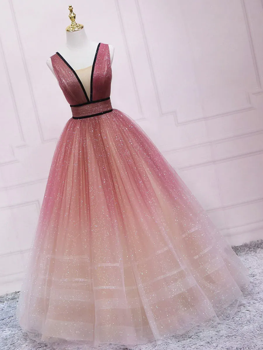 Lovely Tulle Gradient V-neckline Long Party Dress, Layers Tulle Junior Prom Dress