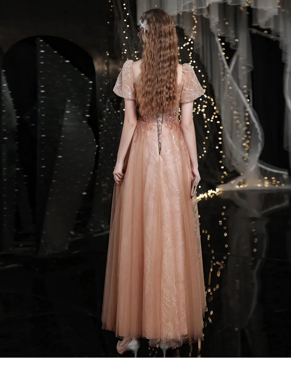 Lovey Tulle Short Sleeves Shiny Tulle Long Prom Party Dress, A-line Floor Length Formal Dresses