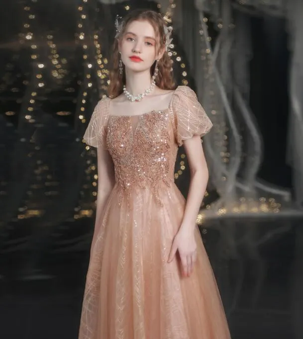 Lovey Tulle Short Sleeves Shiny Tulle Long Prom Party Dress, A-line Floor Length Formal Dresses