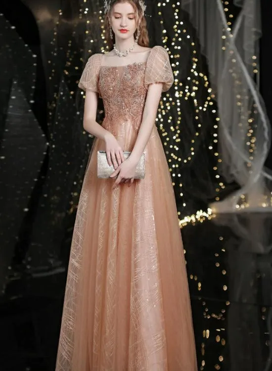Lovey Tulle Short Sleeves Shiny Tulle Long Prom Party Dress, A-line Floor Length Formal Dresses