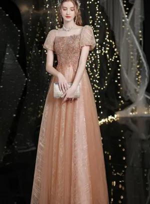 Lovey Tulle Short Sleeves Shiny Tulle Long Prom Party Dress, A-line Floor Length Formal Dresses