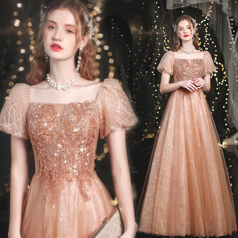 Lovey Tulle Short Sleeves Shiny Tulle Long Prom Party Dress, A-line Floor Length Formal Dresses