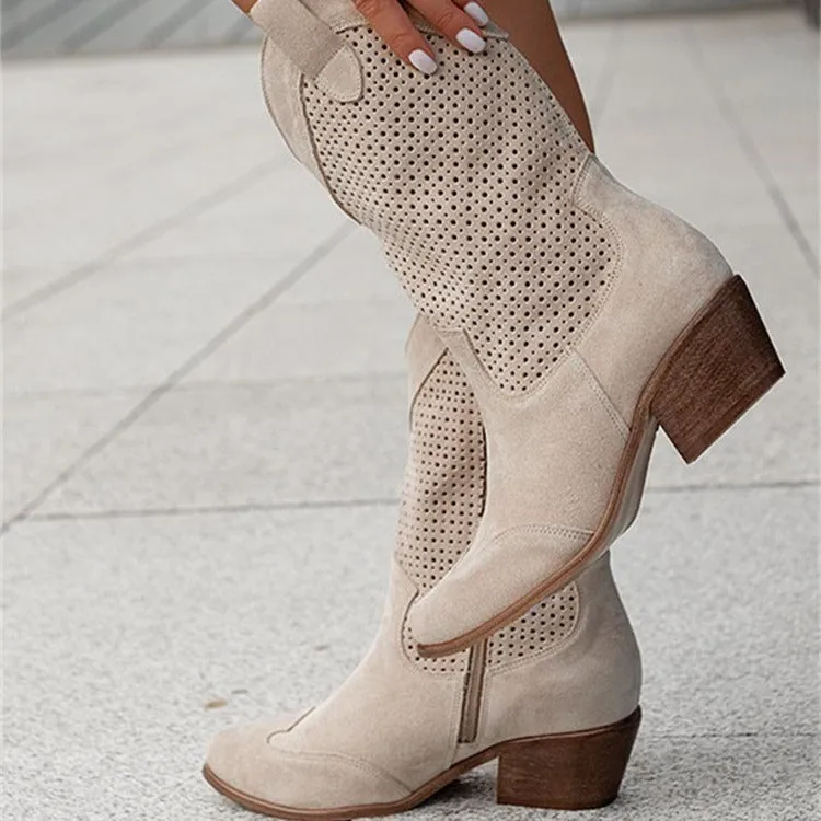 Mid-heel Burnt-out Suede Low-cut Women's Boots