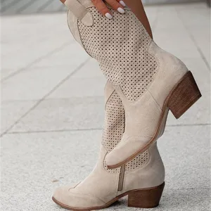 Mid-heel Burnt-out Suede Low-cut Women's Boots