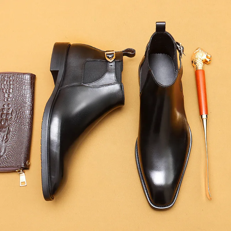 Top Layer Cowhide Men's Leather Shoes Chelsea Boots Men's Genuine Leather Retro Pointed Toe Business Formal Wear High-Top Shoes Winter Men's Boots89617