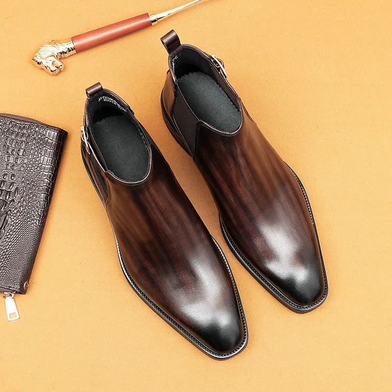 Top Layer Cowhide Men's Leather Shoes Chelsea Boots Men's Genuine Leather Retro Pointed Toe Business Formal Wear High-Top Shoes Winter Men's Boots89617