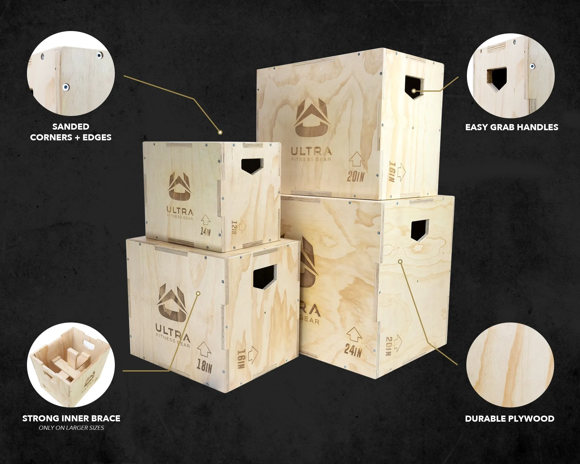 Ultra Fitness Gear 3 in 1 Wood Plyo Box for Jump, Crossfit, Plyometrics. Sizes: 30/24/20, 24/20/16, 20/18/16, or 16/14/12