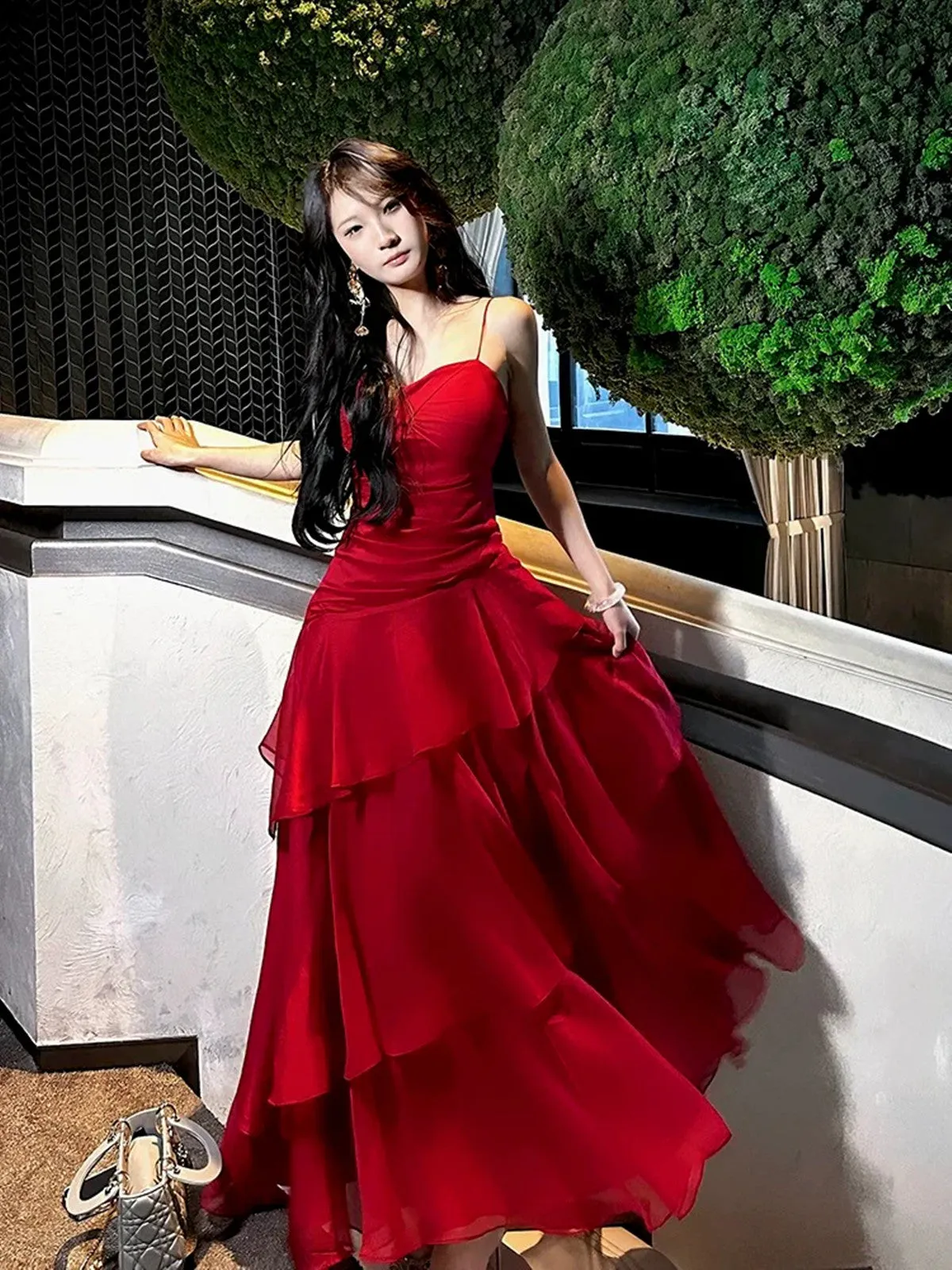 Wine Red Chiffon Sweetheart Sheath Spaghetti Straps Party Dress, Wine Red Layers Prom Dress