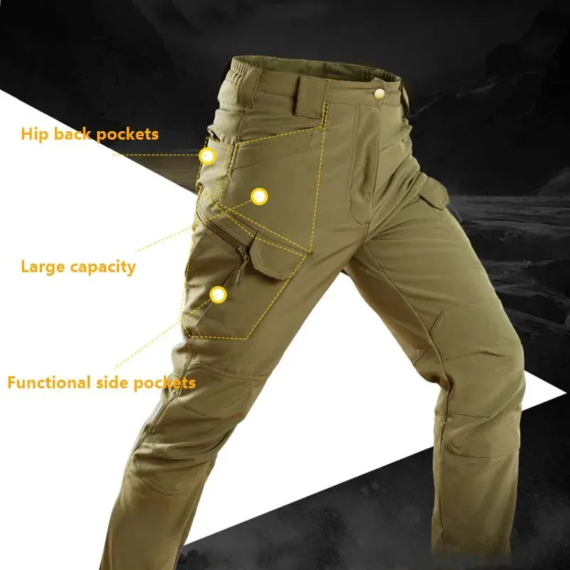 Winter outdoor fleece softshell pants, waterproof tactical pants, windproof and warm training pants, camping and hiking pants