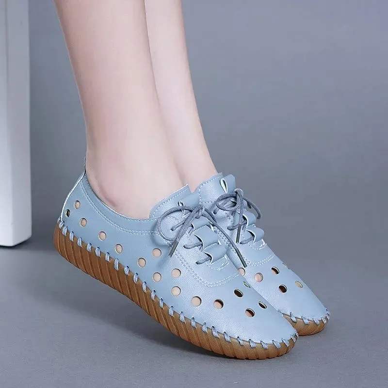 Women's Summer Soft Leather Hollow Shoes Hole Shoes Tendon Bottom Sandals Flat Casual Shoes Soft Bottom Comfortable Mother Shoes