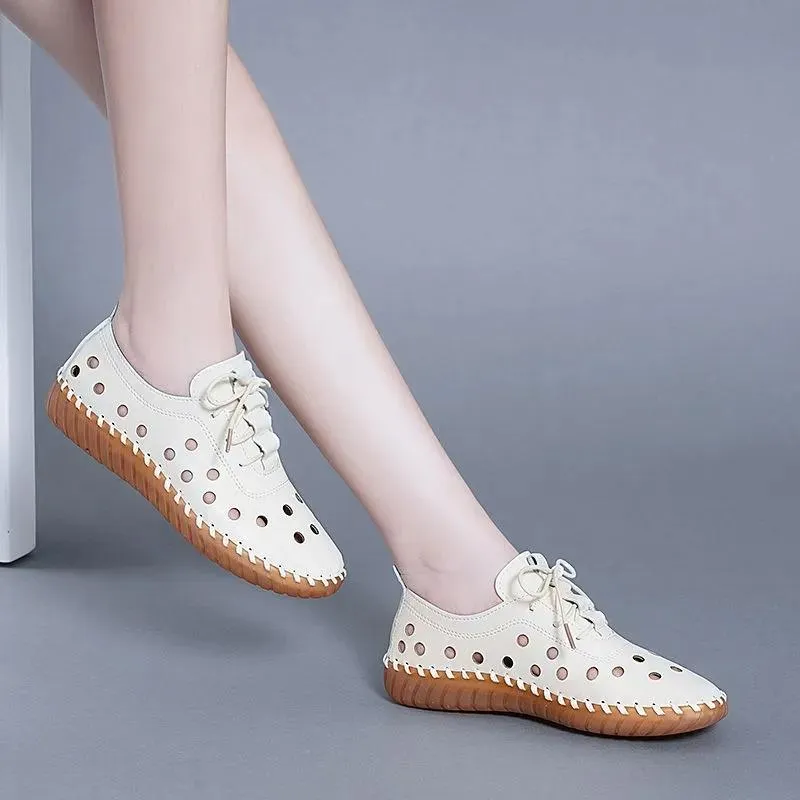 Women's Summer Soft Leather Hollow Shoes Hole Shoes Tendon Bottom Sandals Flat Casual Shoes Soft Bottom Comfortable Mother Shoes