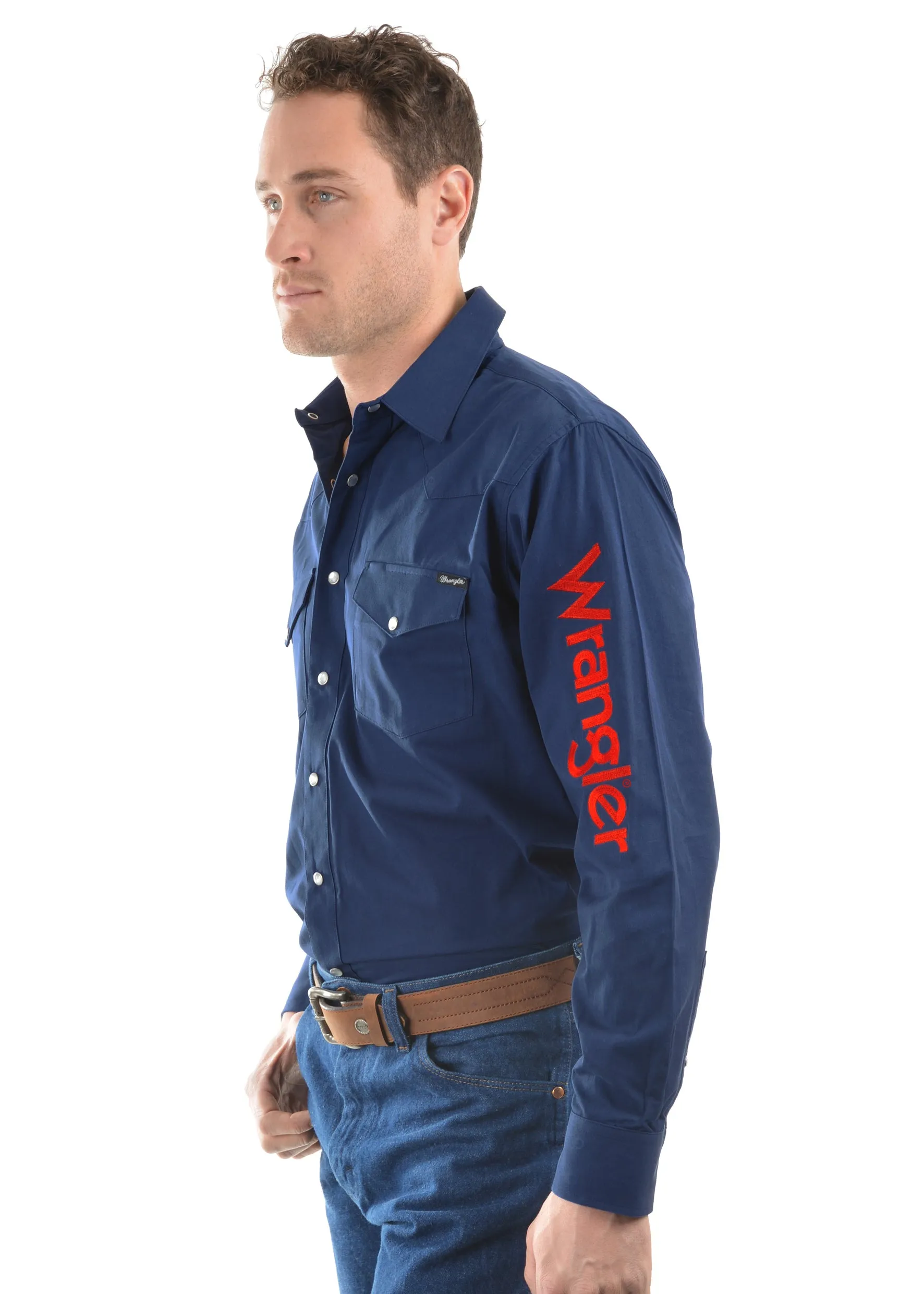 Wrangler Logo Rodeo Long Sleeve Drill Shirt Navy